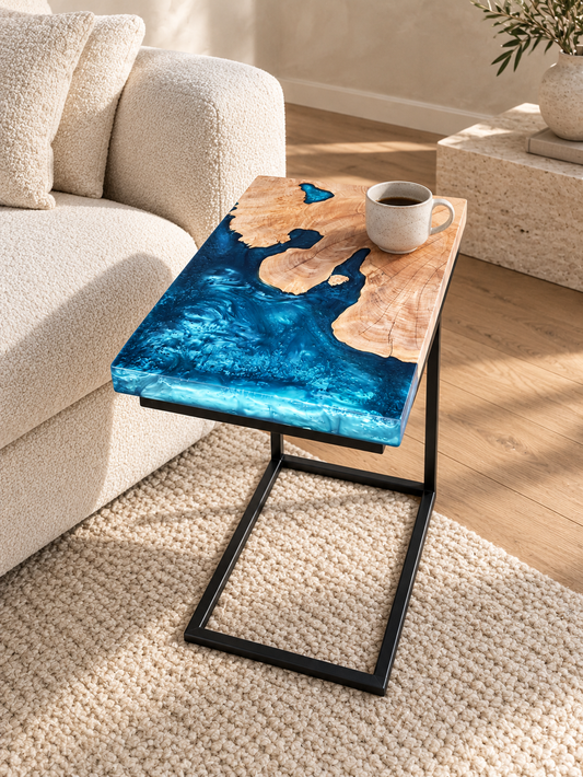 Maple Burl C-Table with Blue Epoxy Encasement styled in an aspirational interior