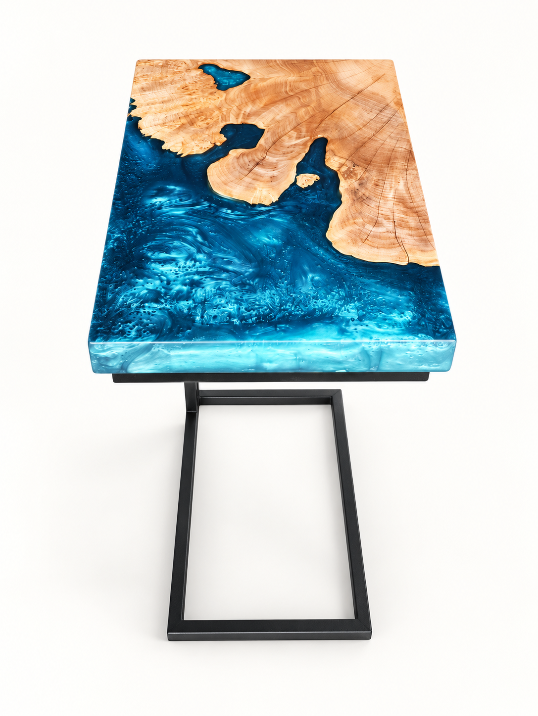 Maple burl C-table with light turquoise epoxy on a clean white background