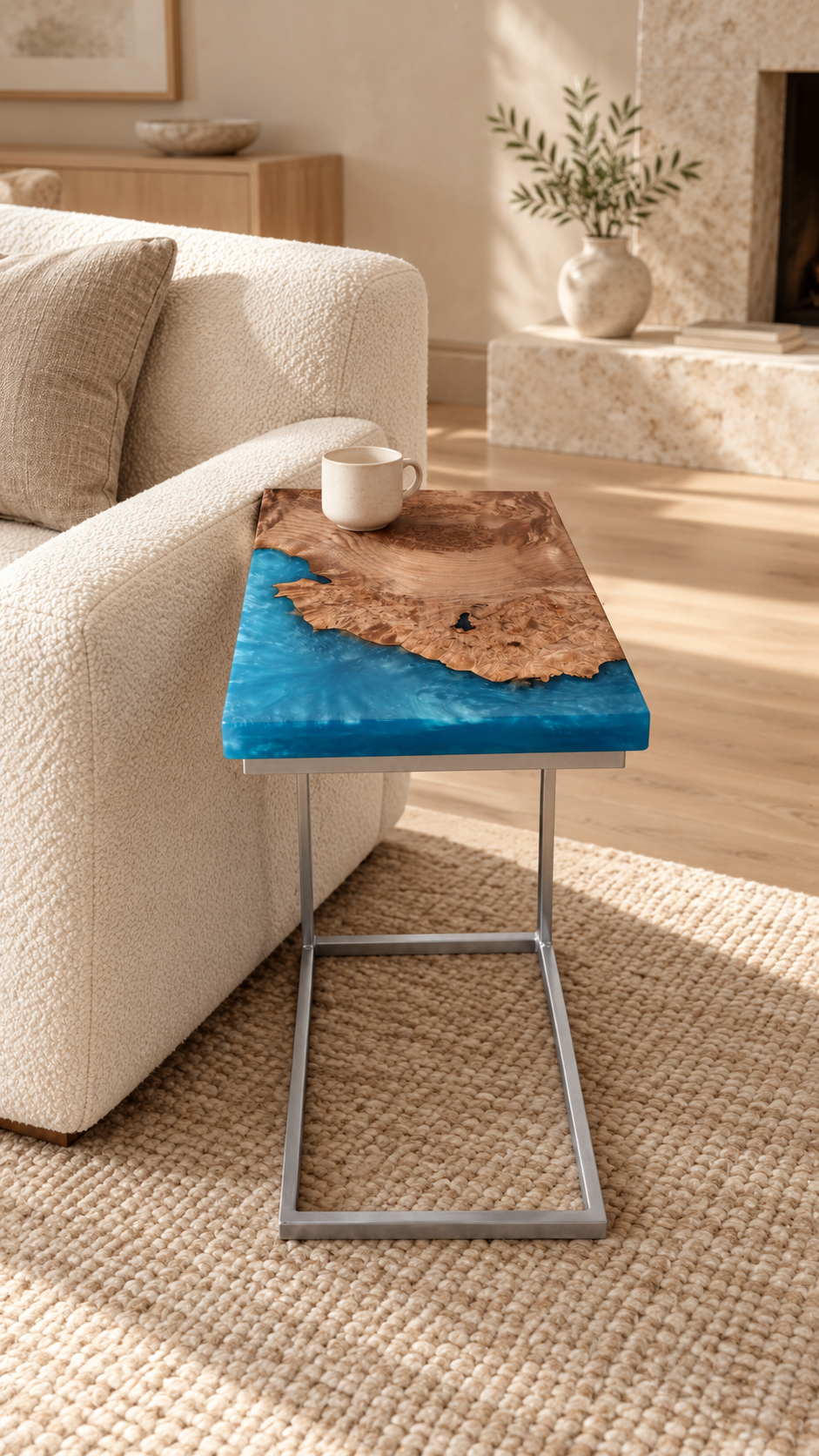 Maple burl C-table with turquoise epoxy styled in a modern living room