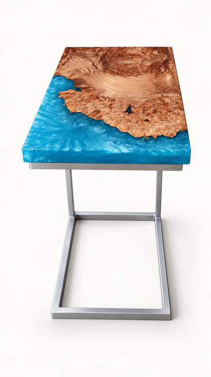 Maple burl C-table with turquoise epoxy on a clean white background