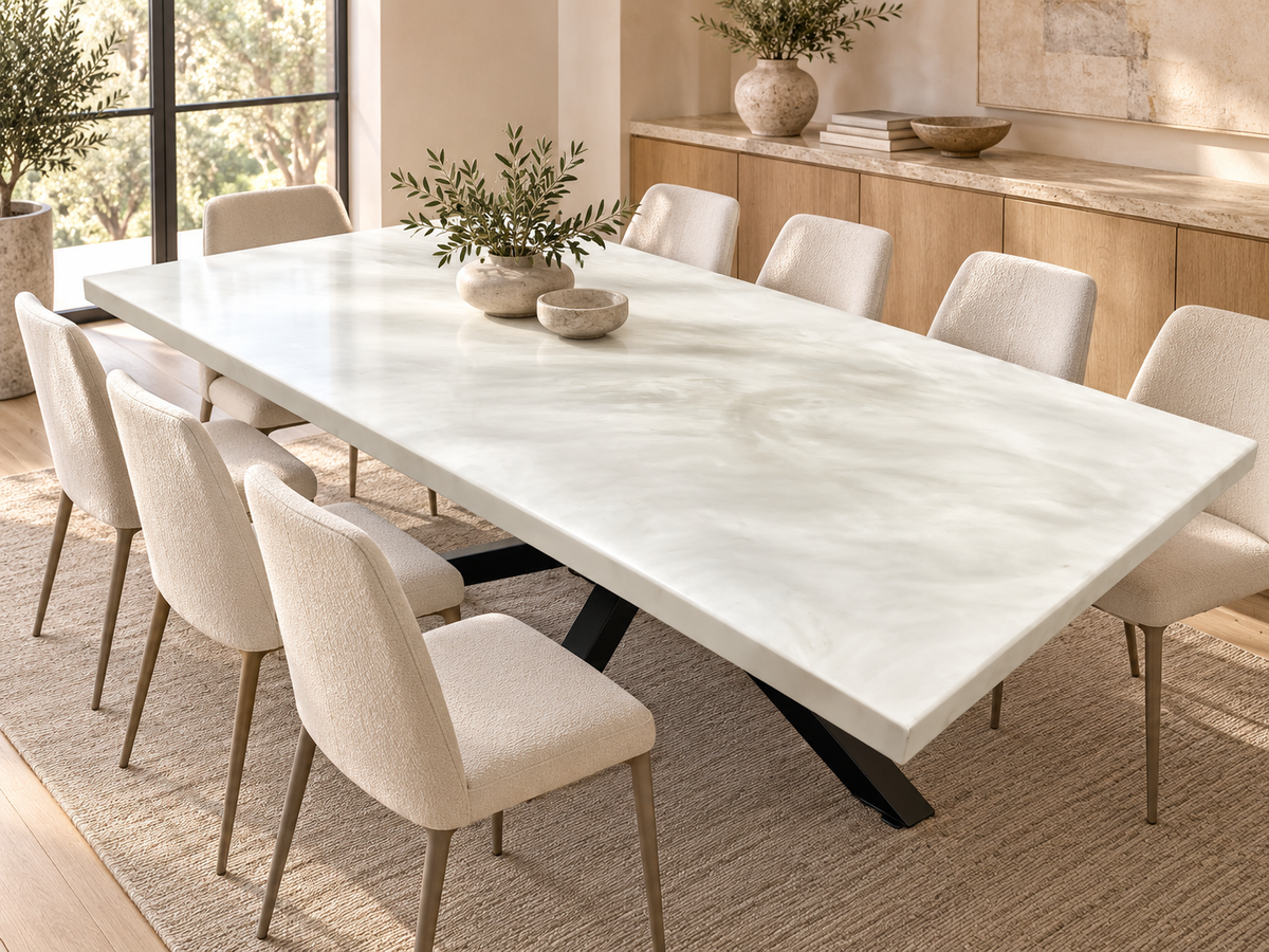 Marble Design Epoxy Encasement Table styled in an aspirational interior
