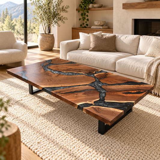Black walnut and multi-grey epoxy river coffee table in a warm luxury living room.