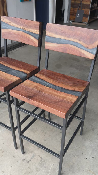 Custom Black Walnut & Grey Epoxy Resin Bar Stool