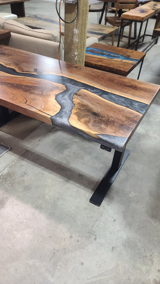 Multi-Grey Resin River Black Walnut Sit / Stand Office Desk
