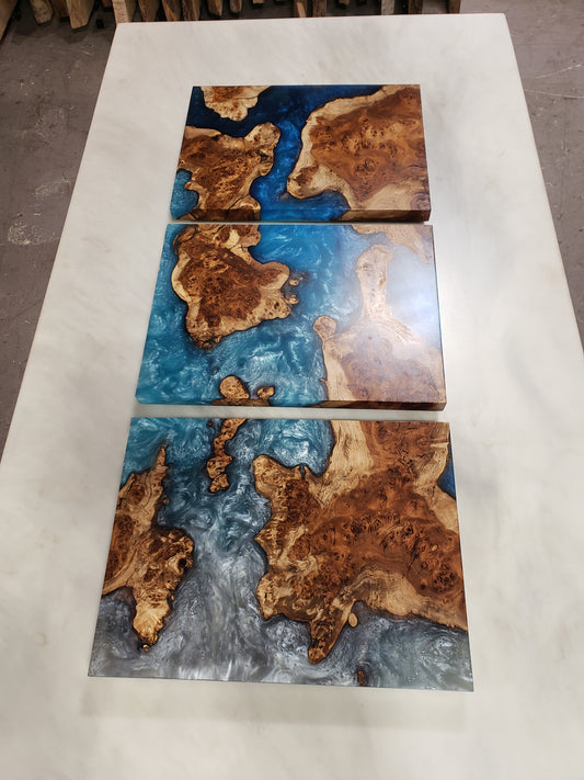 Cinnamon Burl Ocean Ombré Triptych Wall Art