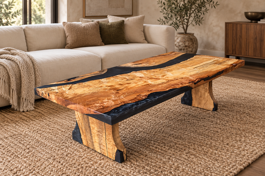 Spalted Maple Caviar Epoxy River Coffee Table styled in an aspirational interior