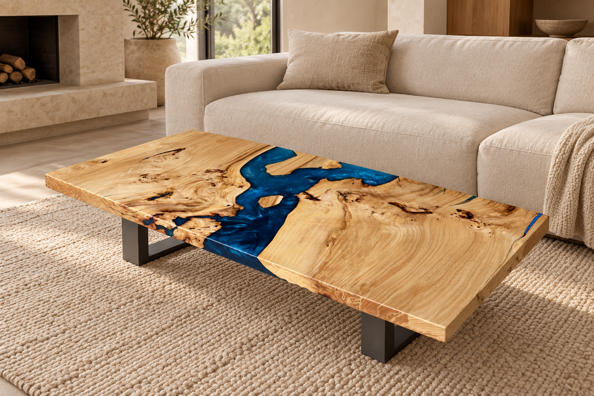 Siberian Elm Blue Resin Coffee Table styled in an aspirational interior