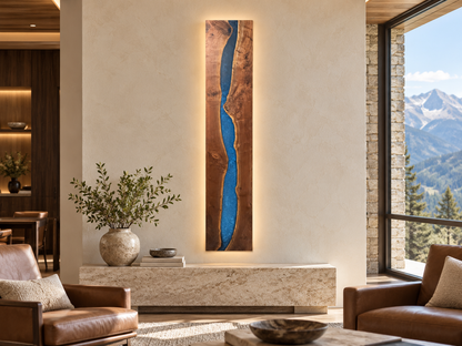 Black Walnut and Blue Waterfall Wall Art with LED Light Package styled in an aspirational interior