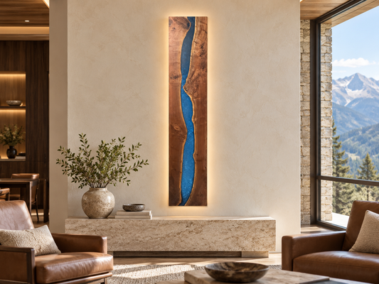 Black Walnut and Blue Waterfall Wall Art with LED Light Package styled in an aspirational interior