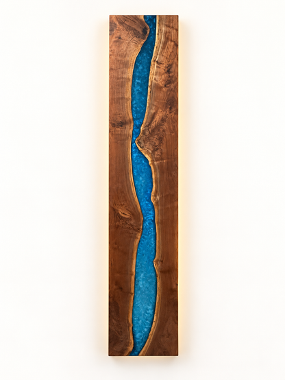 Black Walnut and Blue Waterfall Wall Art with LED Light Package on a clean white background