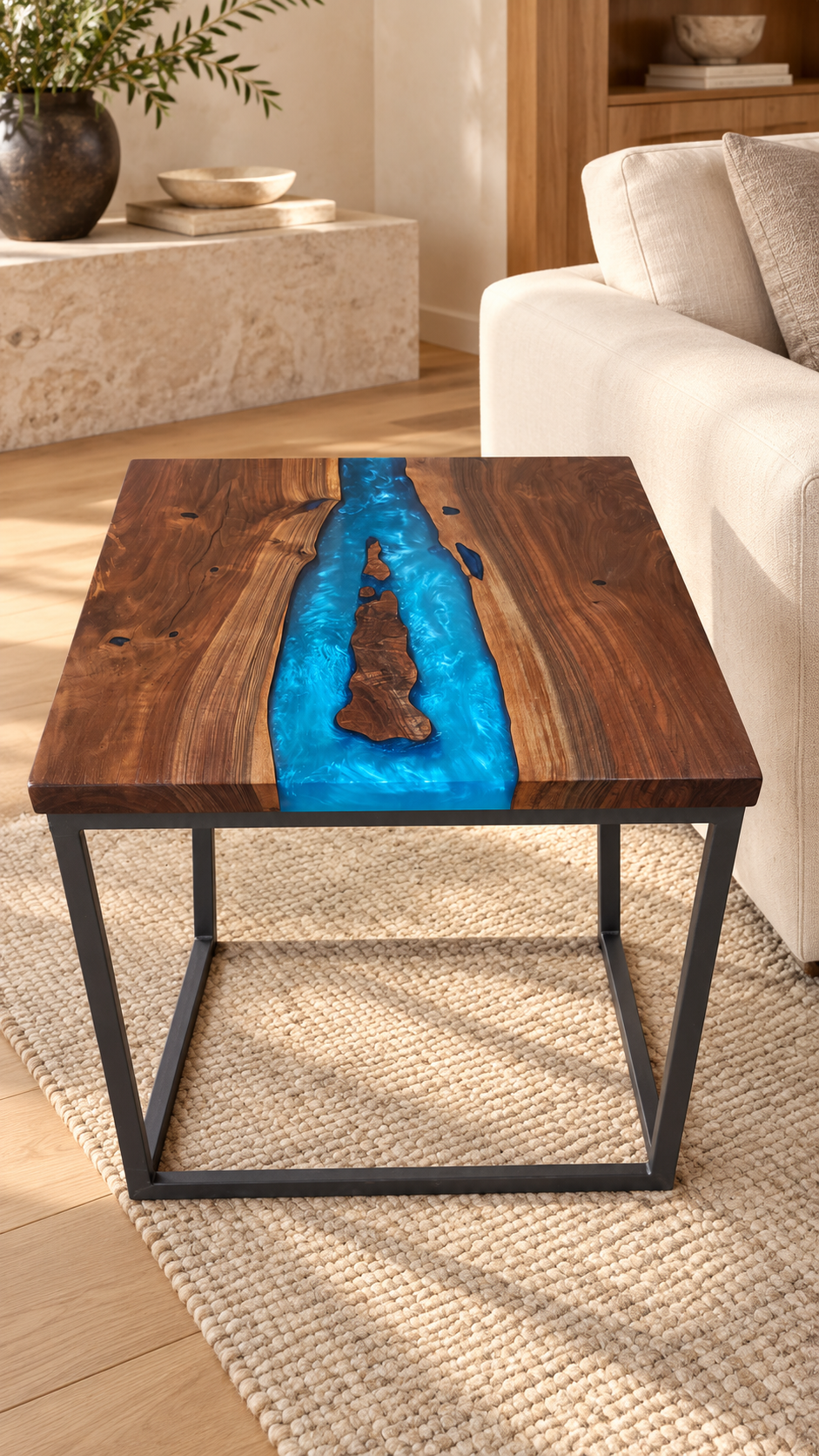 Black Walnut and Multi-Blue Epoxy Side Table styled in an aspirational interior