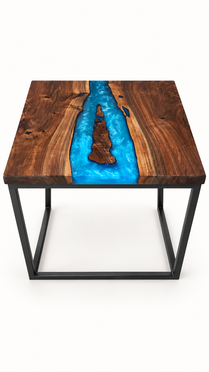 Black Walnut and Multi-Blue Epoxy Side Table on a clean white background