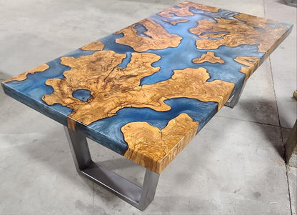 Olive Wood Coffee Table with Slate Blue Epoxy River