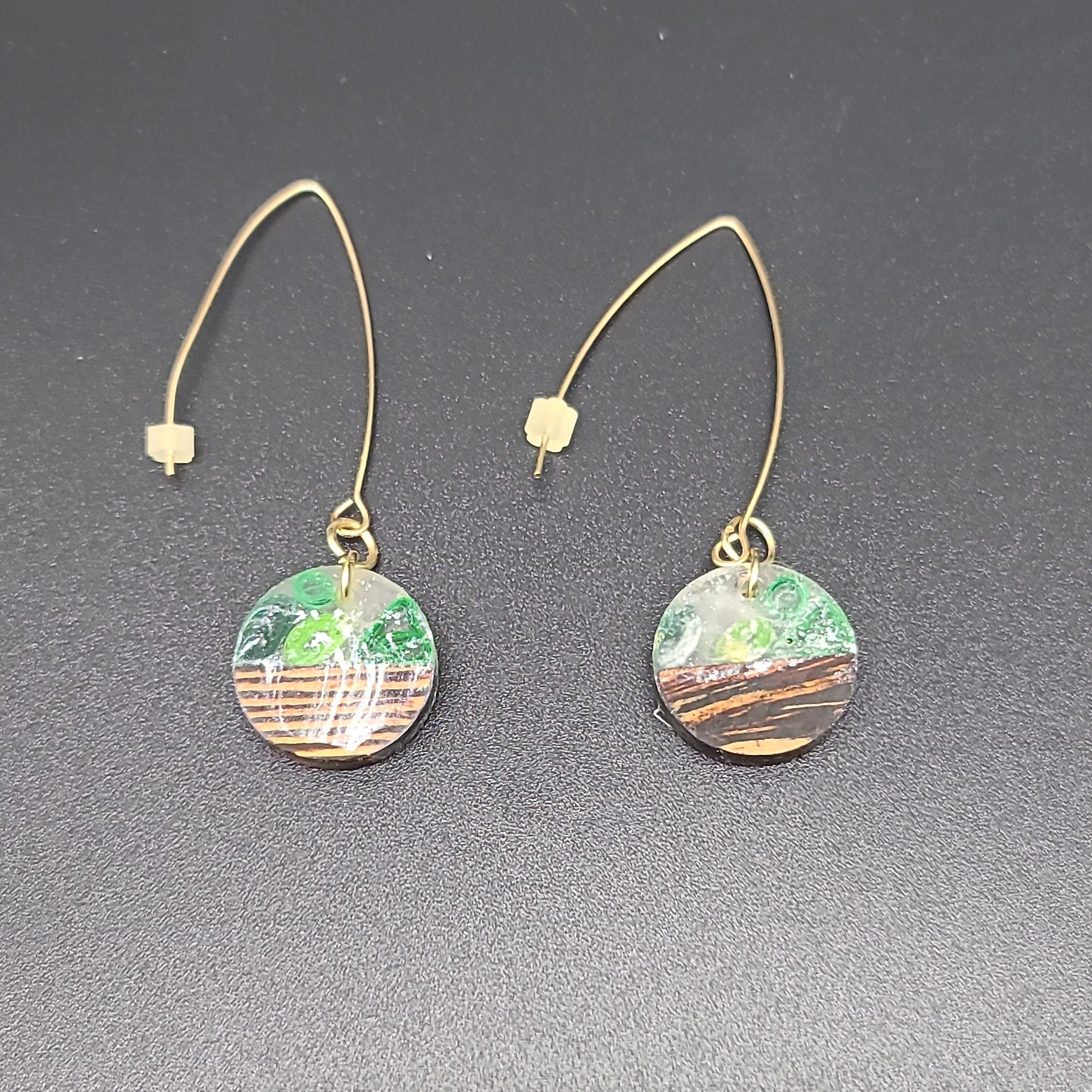 Barkin' Resin Circle/Green Spiral Epoxy Earrings