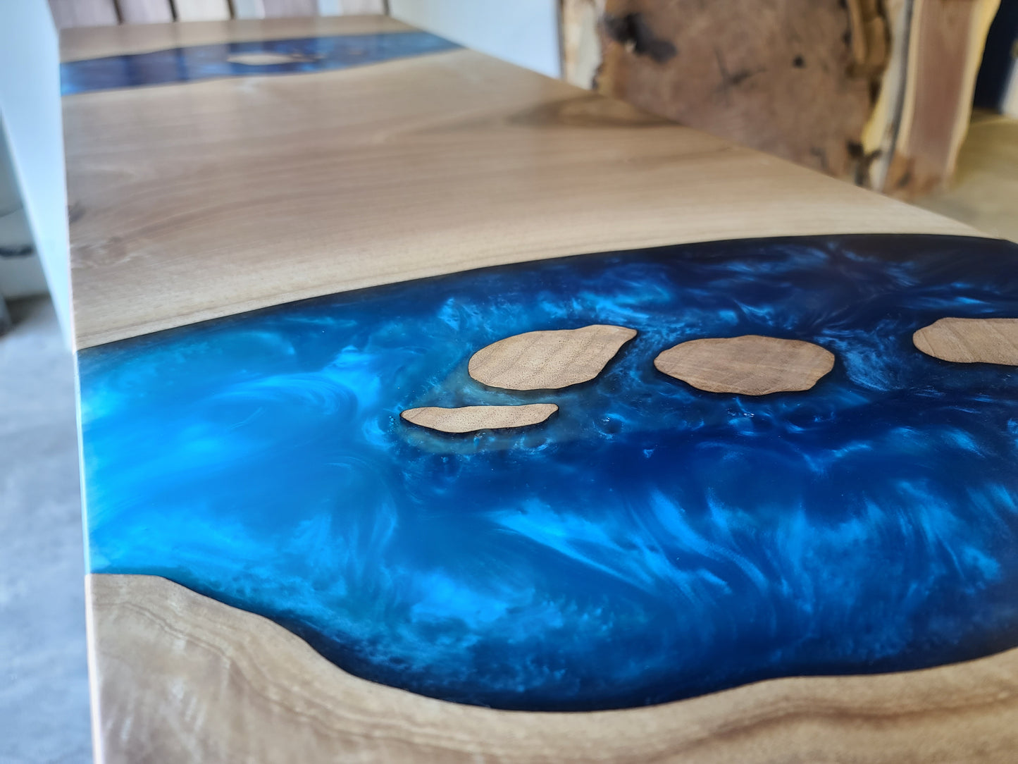 English Walnut Console Table with Multi-Blue Epoxy
