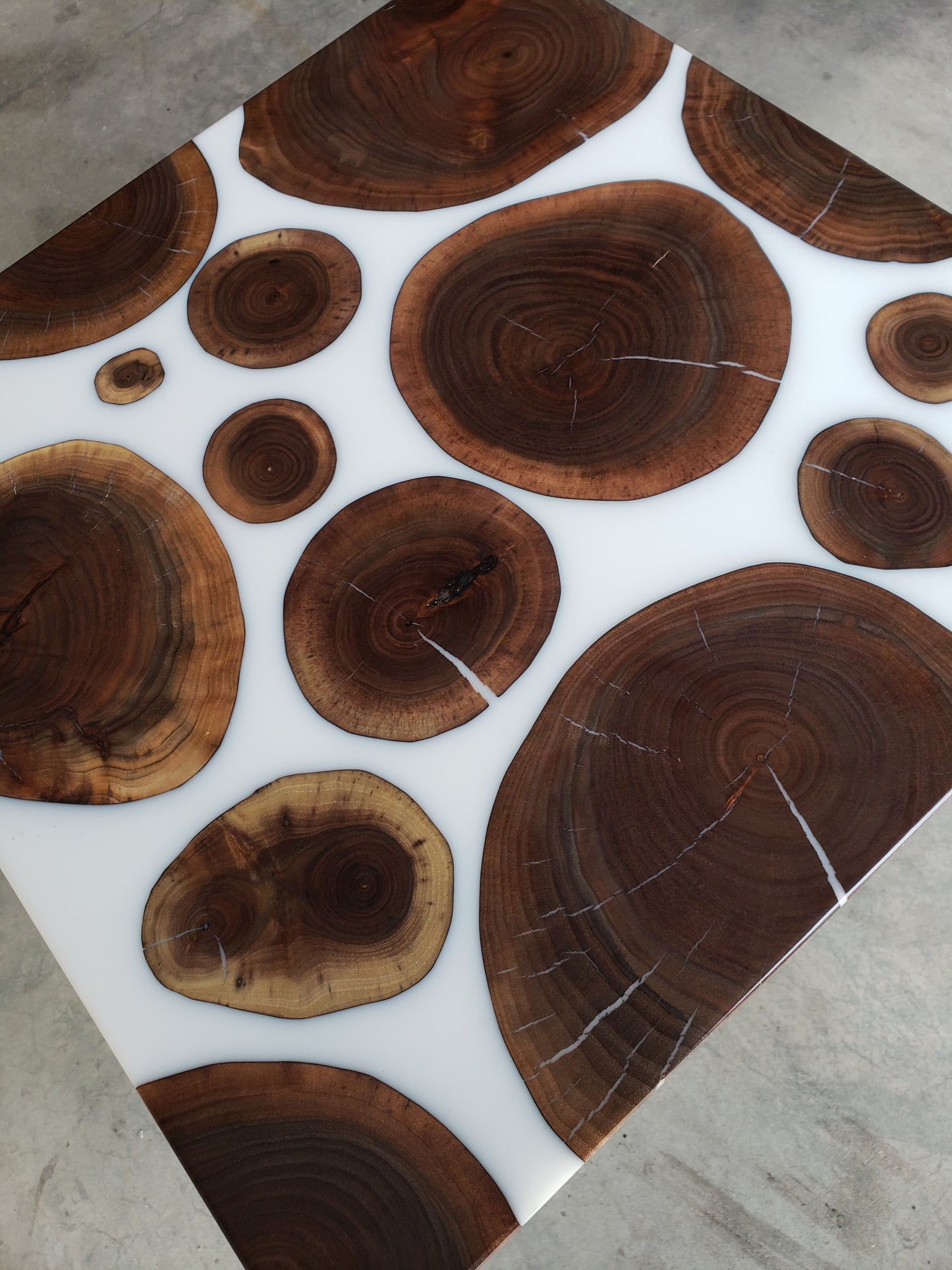 Black Walnut Rounds with Solid White Epoxy Side Table