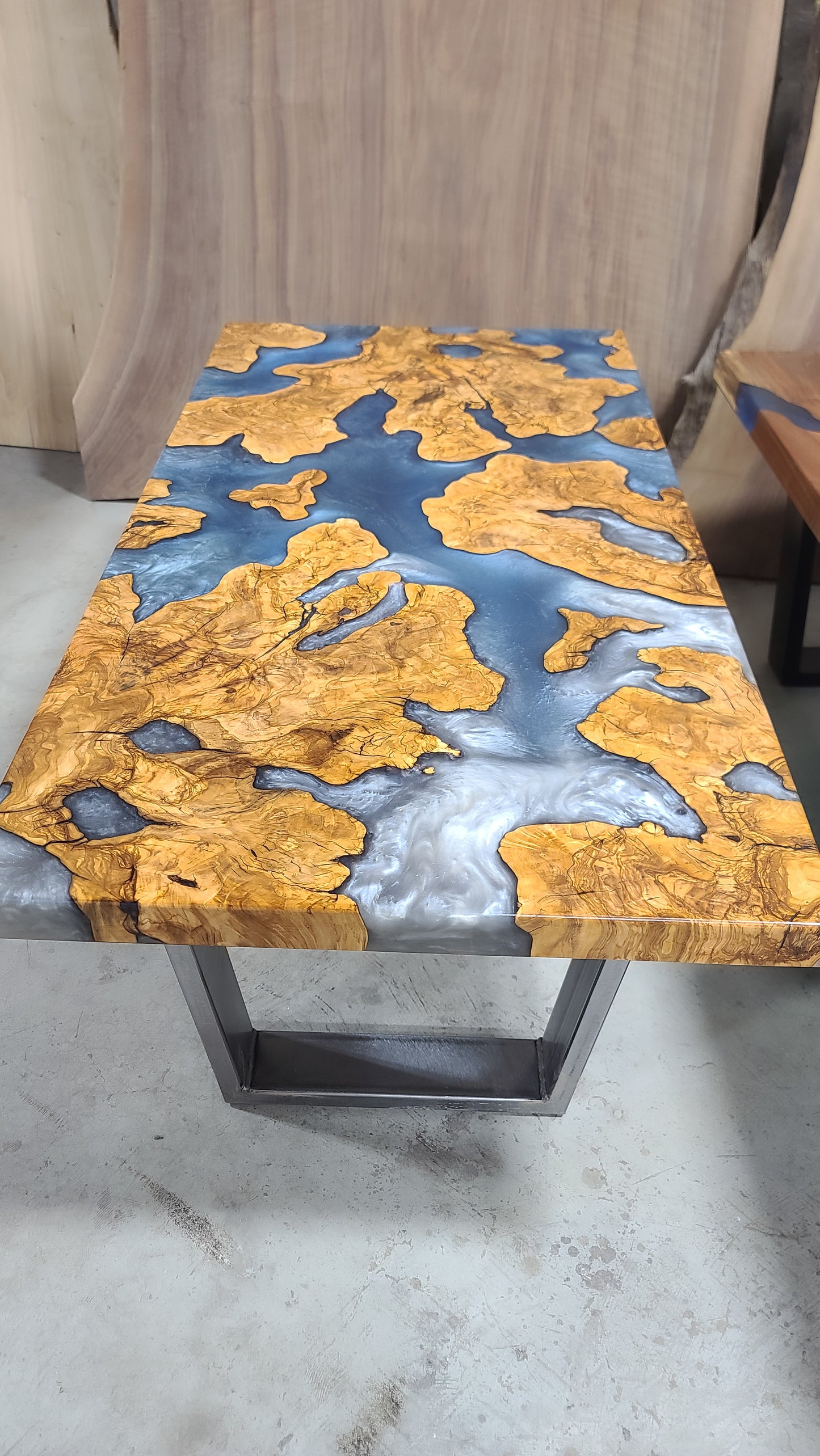 Olive Wood Coffee Table with Slate Blue Epoxy River