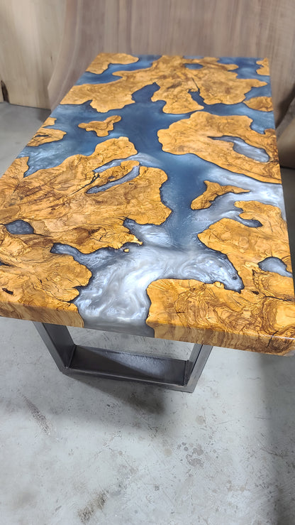 Olive Wood Coffee Table with Slate Blue Epoxy River