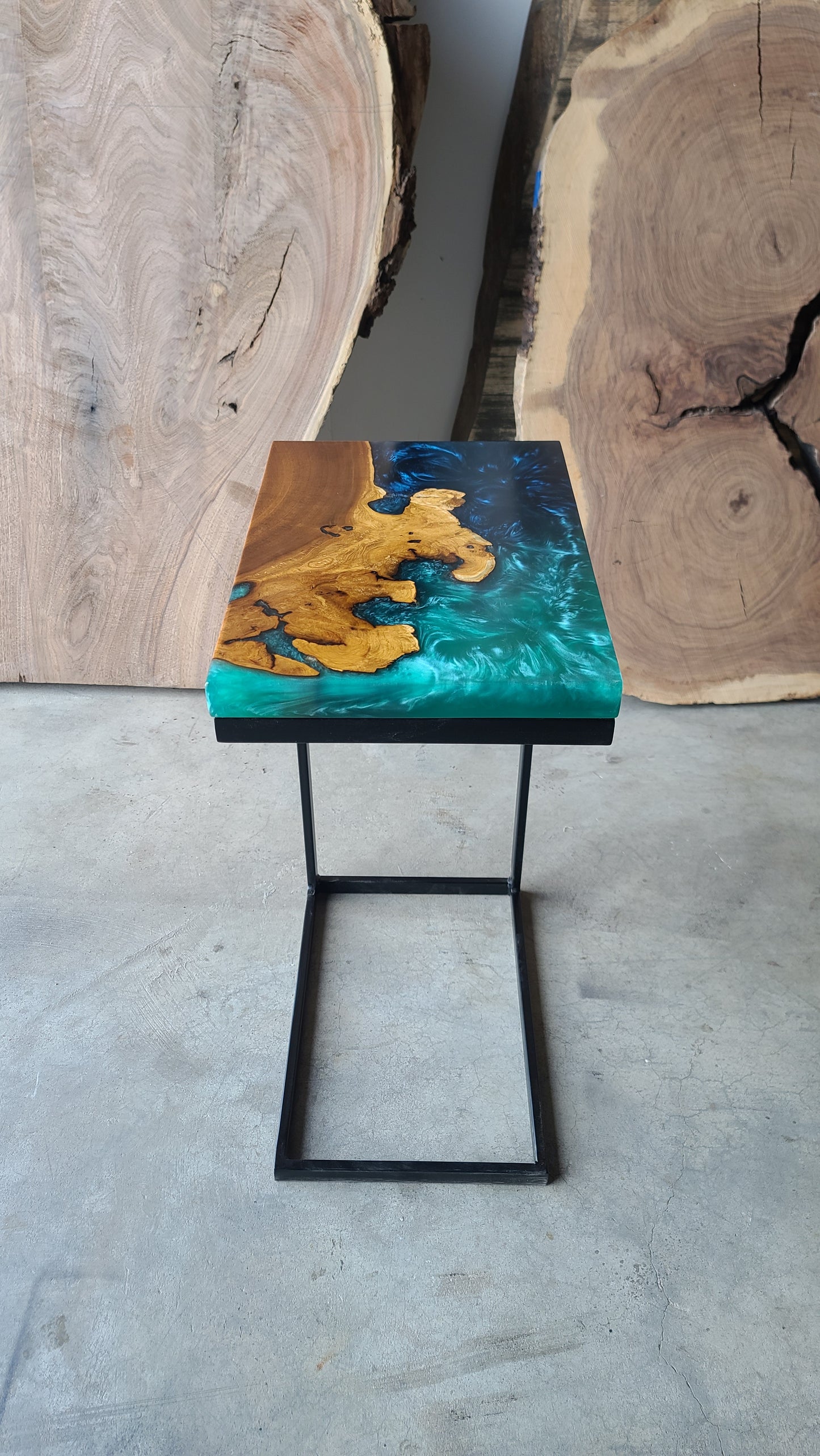 Orange Agate Wood C-Table with Multi-Blue Resin