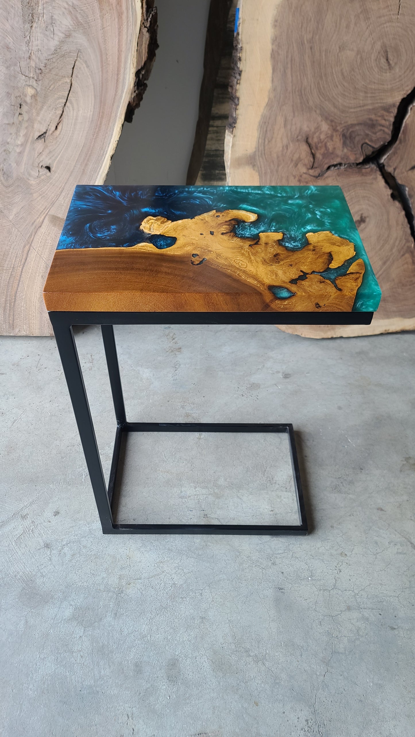 Orange Agate Wood C-Table with Multi-Blue Resin