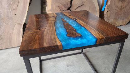 Black Walnut and Multi-Blue Epoxy Side Table