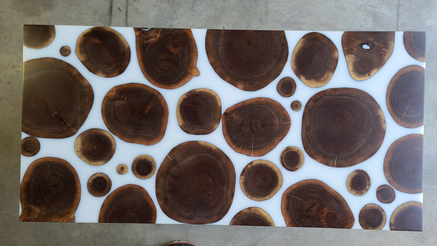Black Walnut Wooden Branch Rounds and Solid White Epoxy Coffee Table