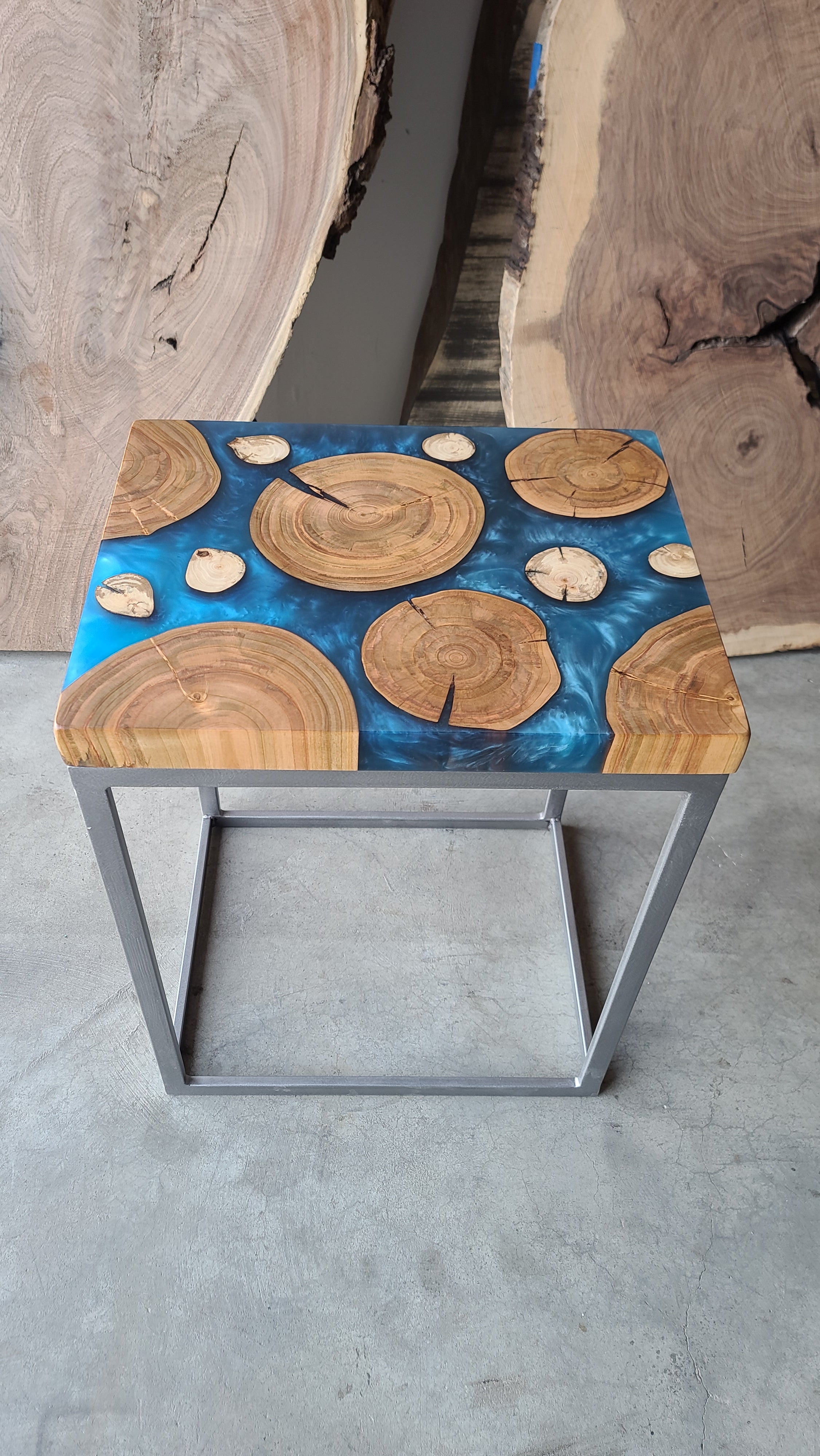 Cherry Wood Rounds and Multi Blue Epoxy Side Table