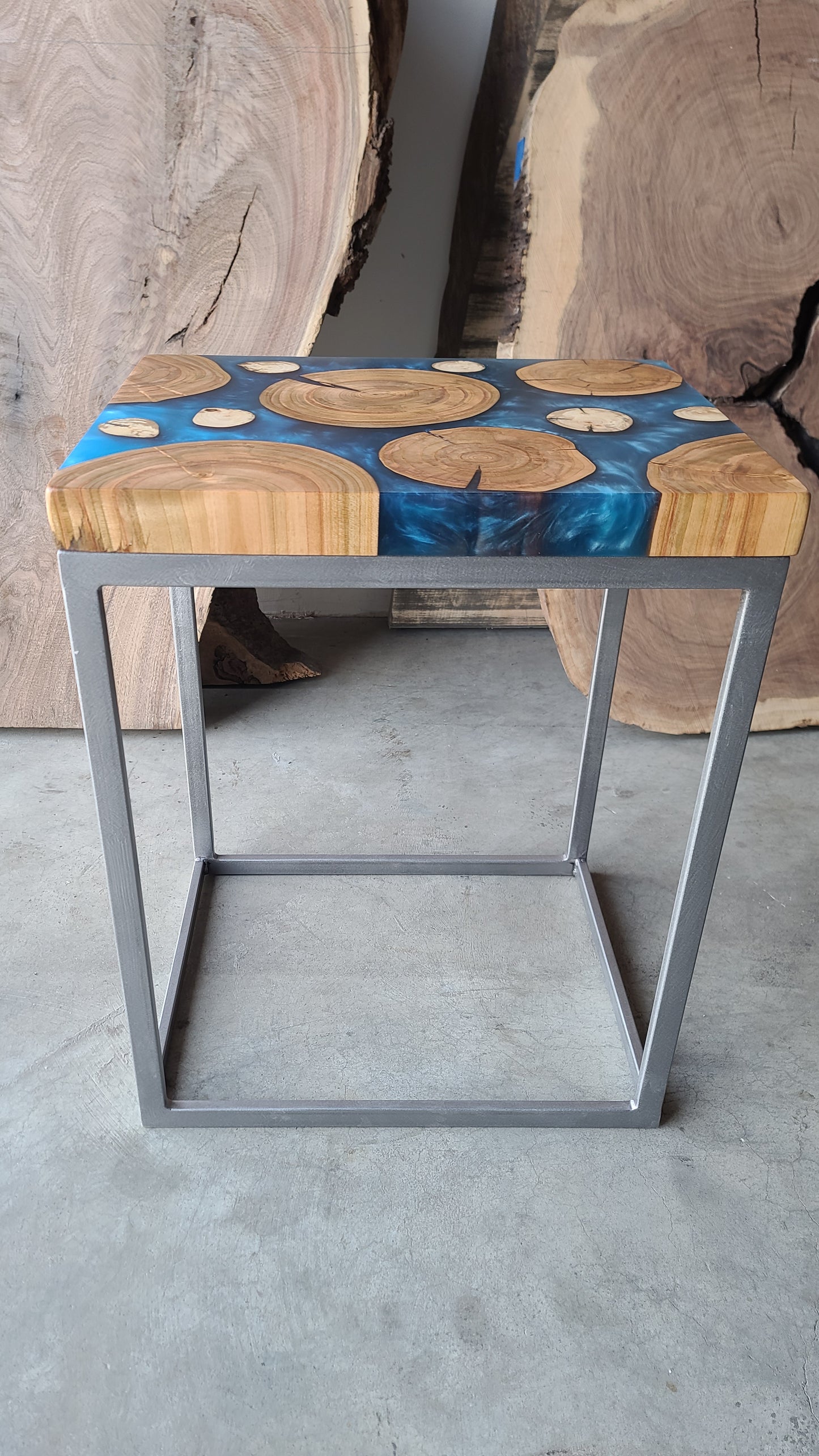 Cherry Wood Rounds and Multi-Blue Epoxy Side Table