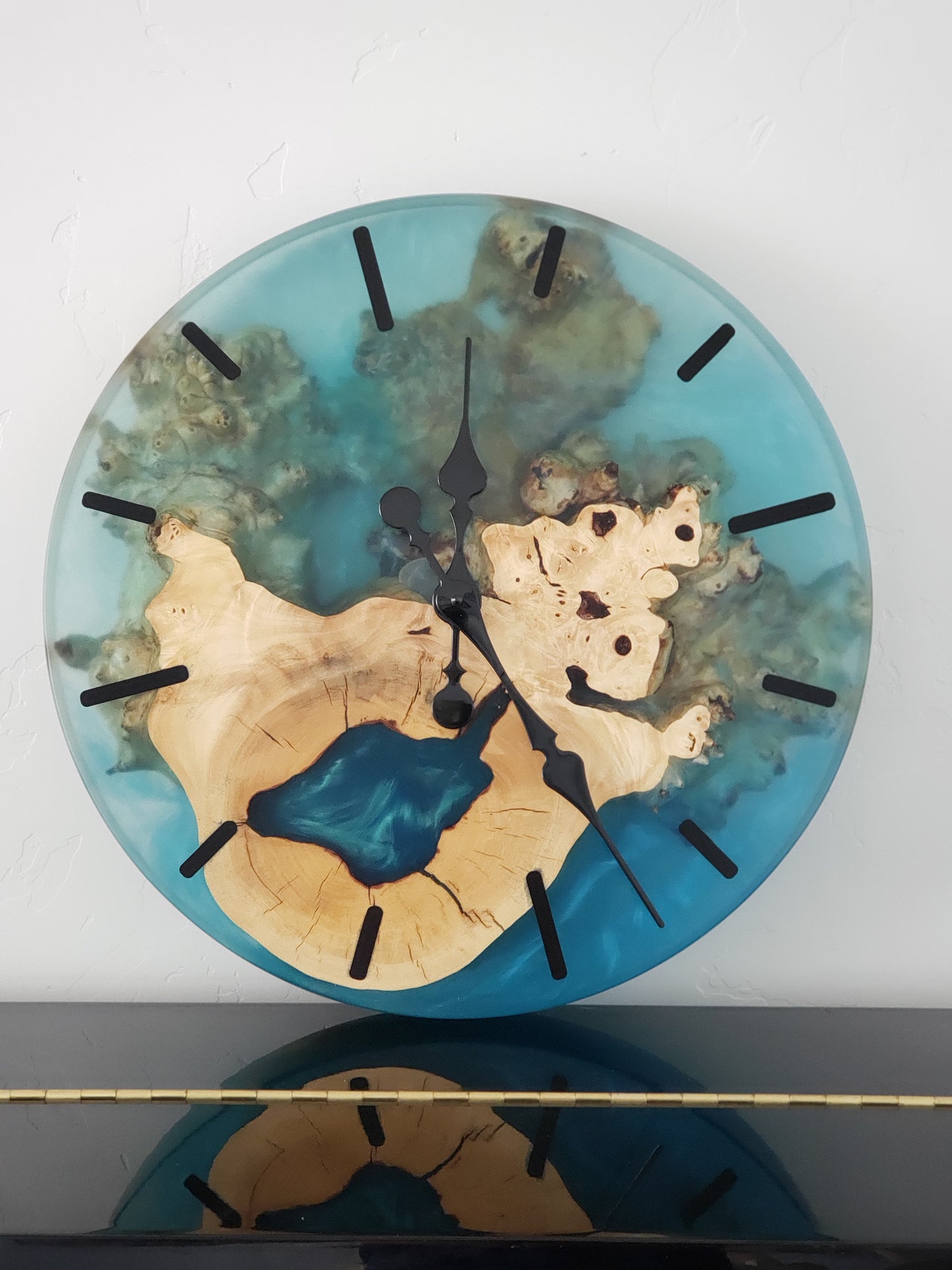 Box Elder Burl Encased Round Wall Clock with Caribbean Blue Epoxy