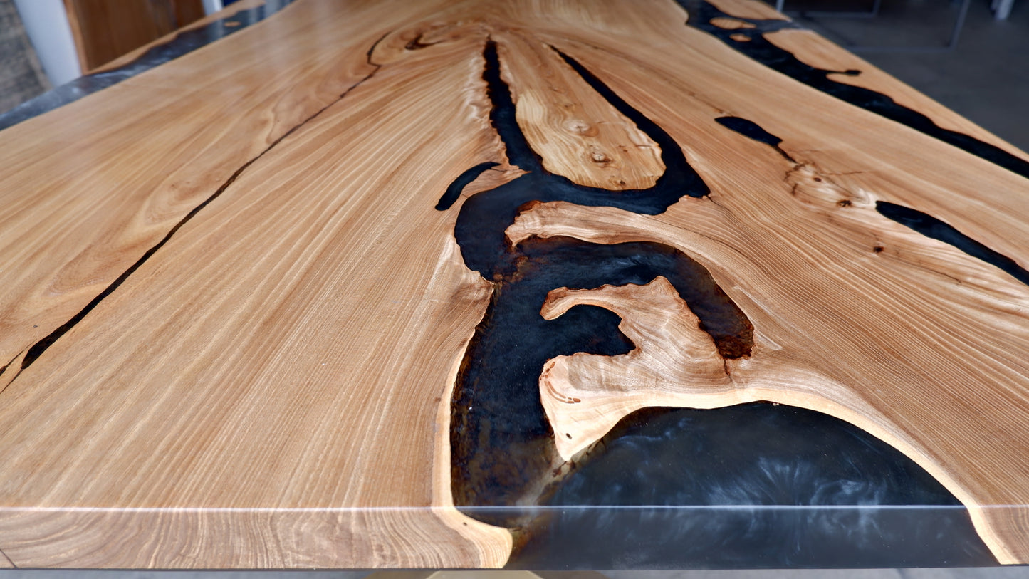 American Elm Dining Table with Caviar/Grey Epoxy