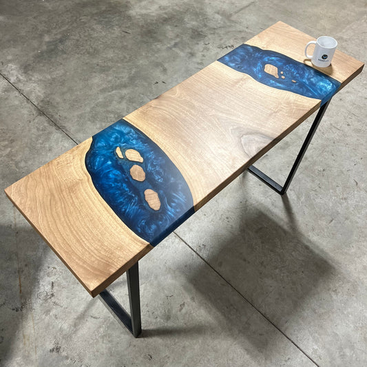 English Walnut Console Table with Multi-Blue Epoxy
