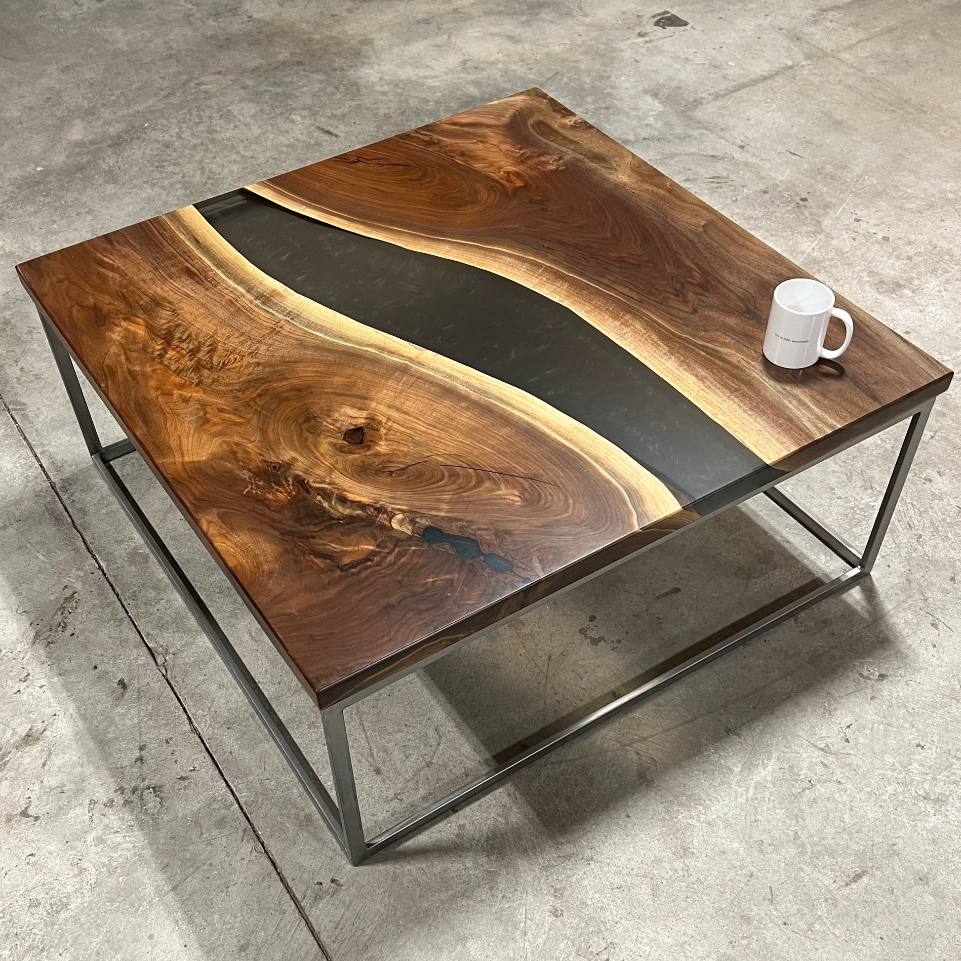 Black Walnut Coffee Table with Smokey Grey River – WoodLab