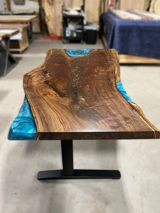Live Edge Black Walnut Sit / Stand Office Desk with Turquoise Epoxy Resin Fills