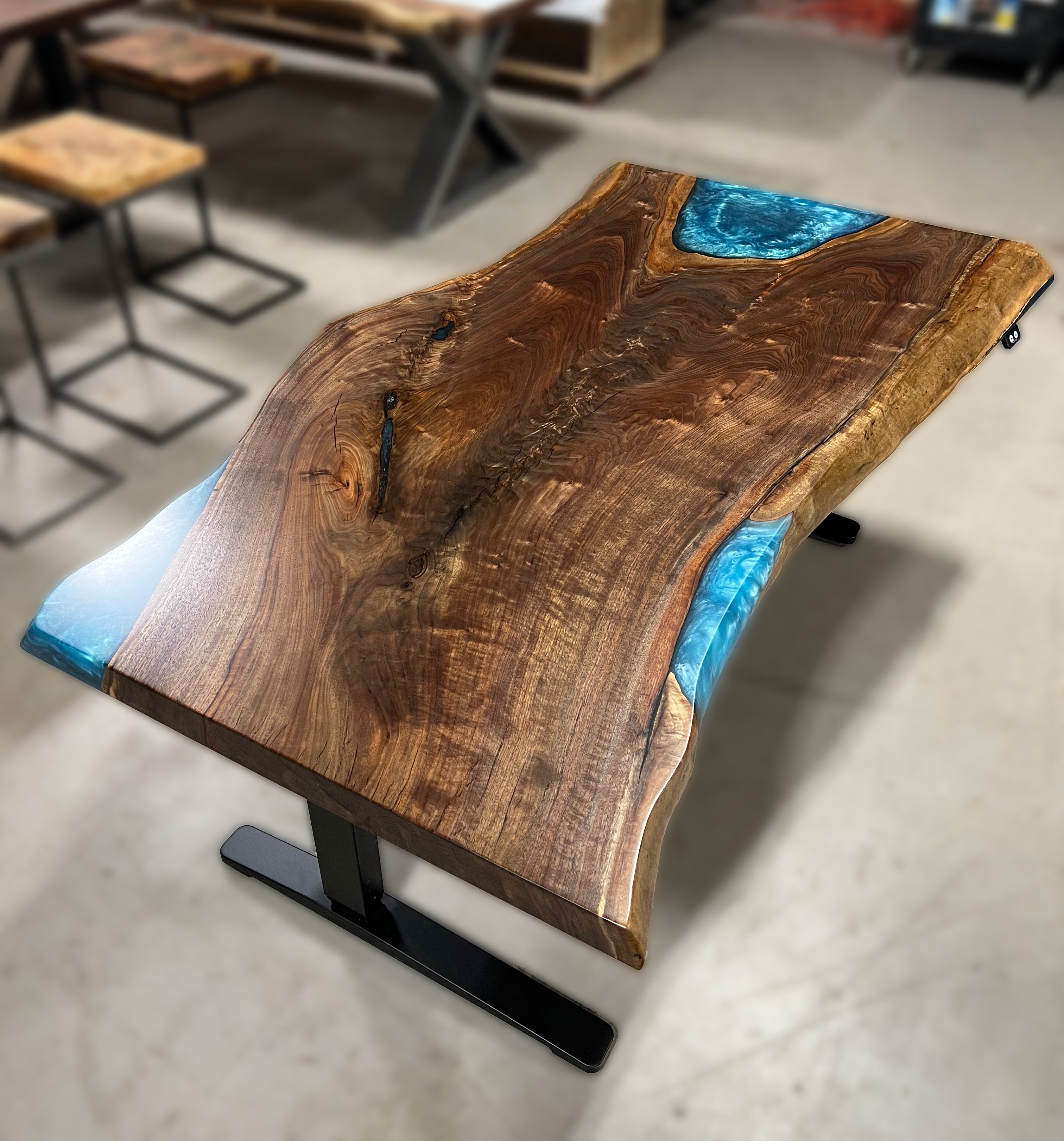 Live Edge Black Walnut Sit Stand Office Desk with Turquoise Epoxy Resin Fills