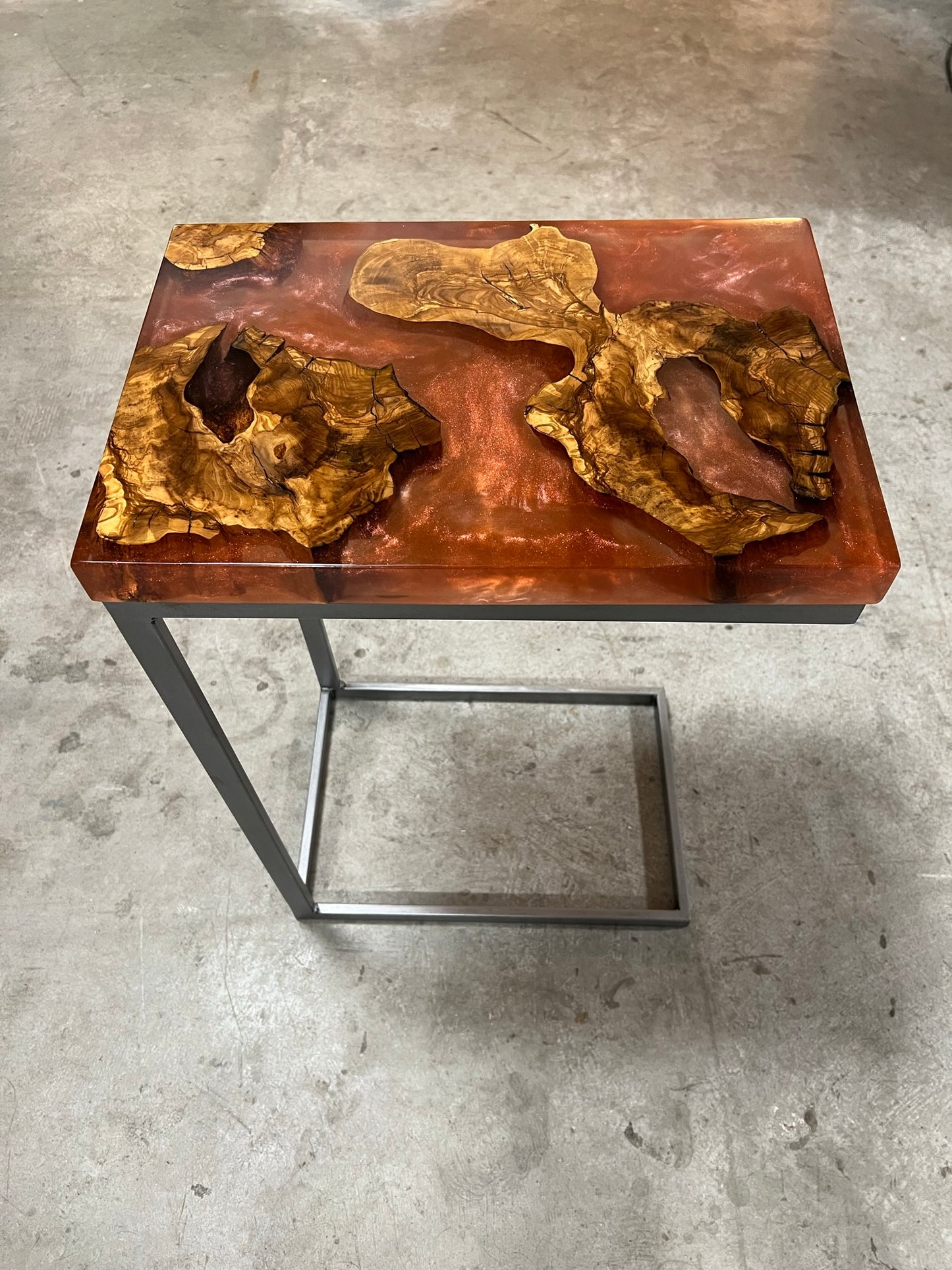 Coral Epoxy C-Table with Exotic Olive Wood Islands