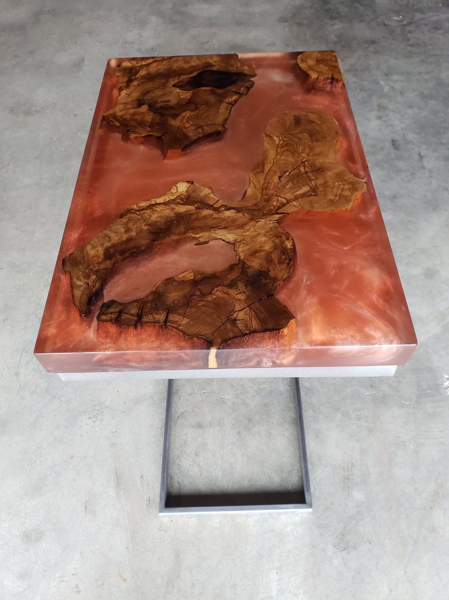 Coral Epoxy C-Table with Exotic Olive Wood Islands