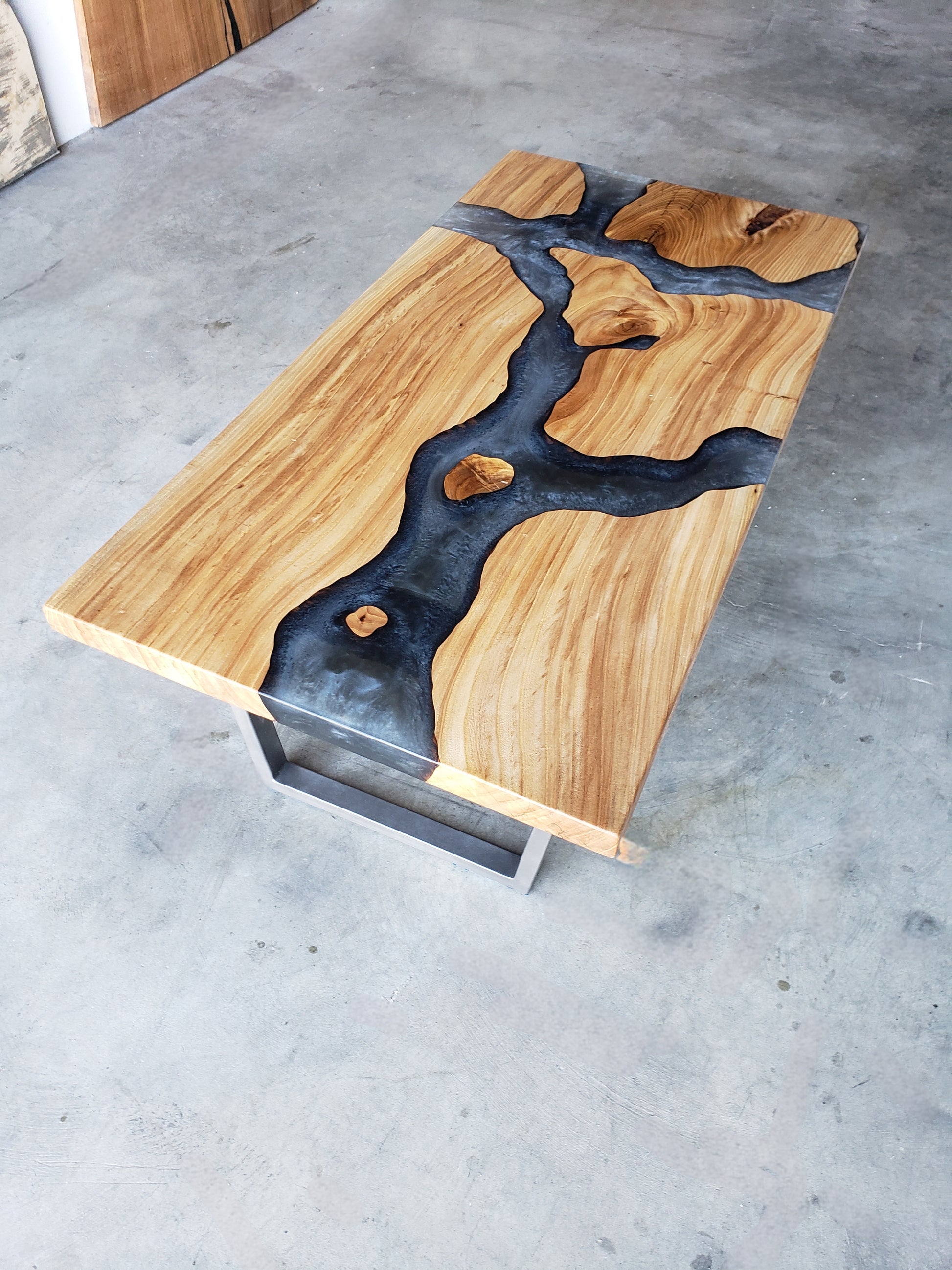 Olive Wood Coffee Table with Slate Blue Epoxy River Encasement