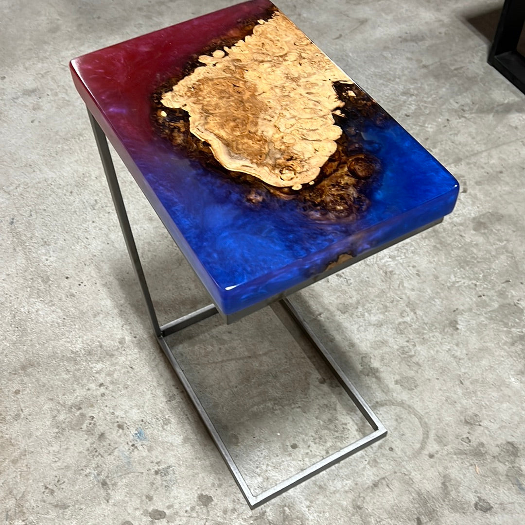 Big Leaf Maple Burl C-Table Encased in a Shimmering Blue / Red Epoxy
