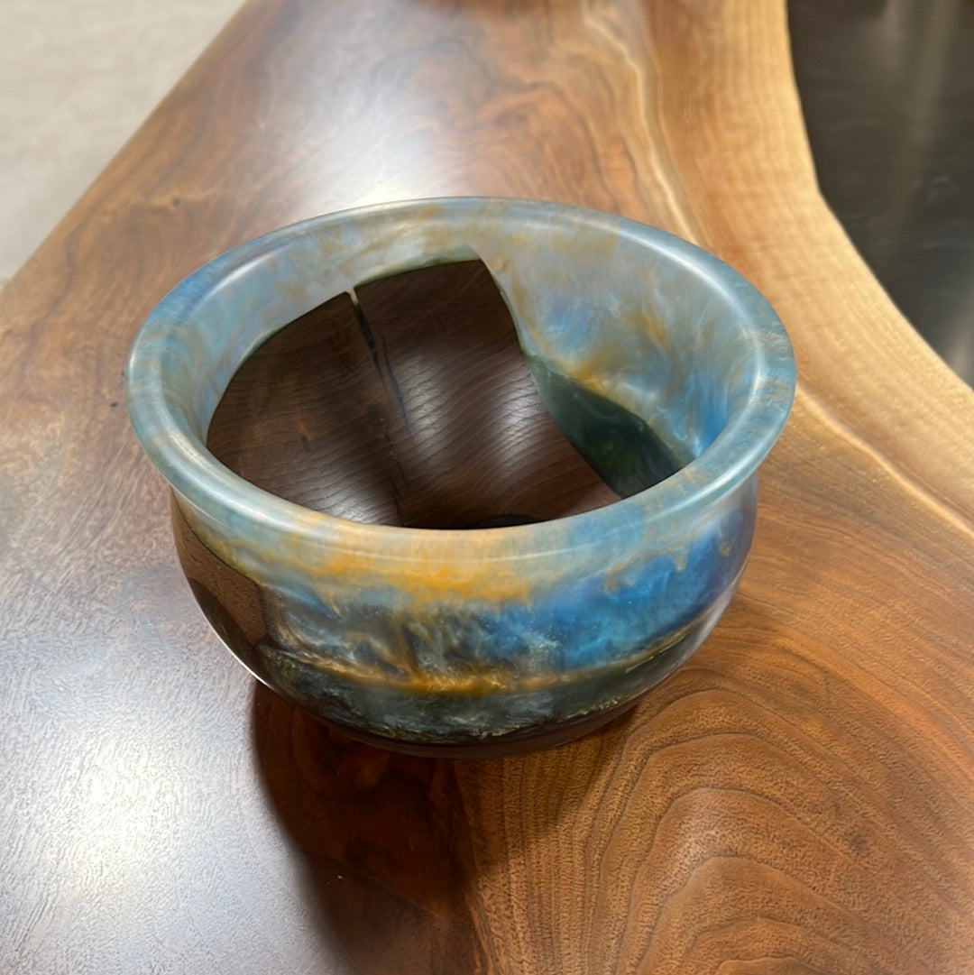 7” Marbled Blue Epoxy Bowl with Black Walnut