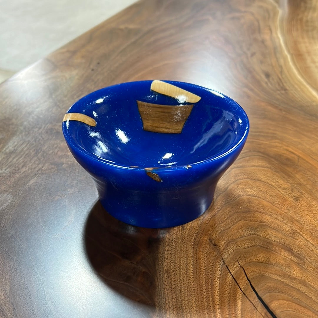 5.25” Blue Epoxy Bowl with Black Walnut and Pinecone